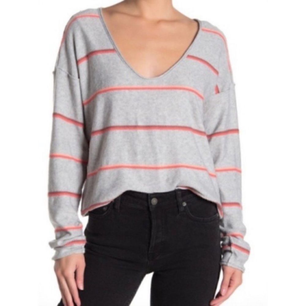 Free People Gray Stripe Design Pullover Sweater Casual Feminine Boho
